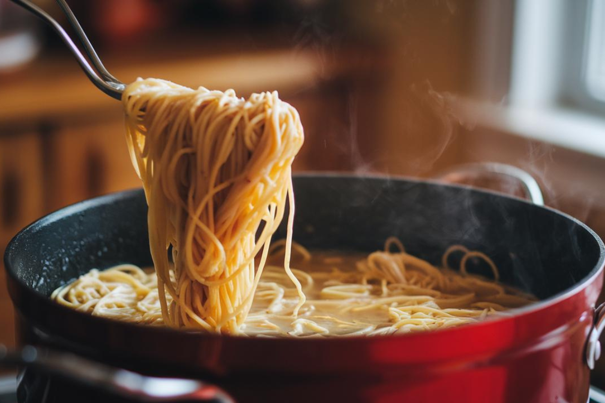 Cook spaghetti in chicken stock